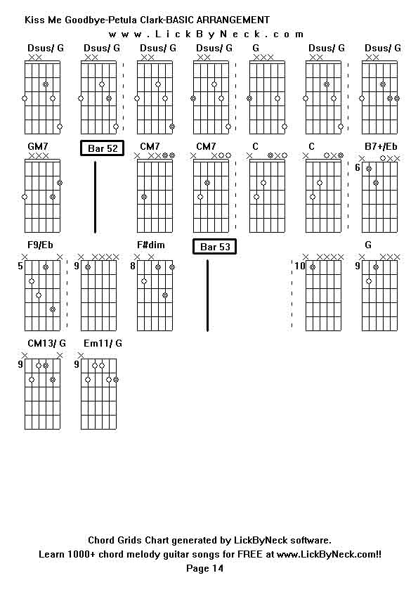 Chord Grids Chart of chord melody fingerstyle guitar song-Kiss Me Goodbye-Petula Clark-BASIC ARRANGEMENT,generated by LickByNeck software.